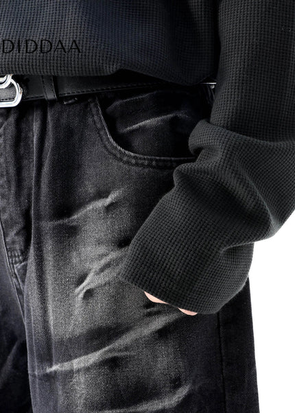 Blue Distressed Lightning Pattern Baggy Jeans - Men’s Jeans