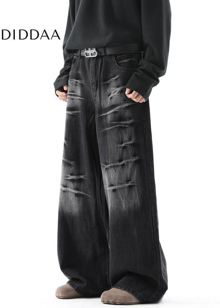 Blue Distressed Lightning Pattern Baggy Jeans - Men’s Jeans