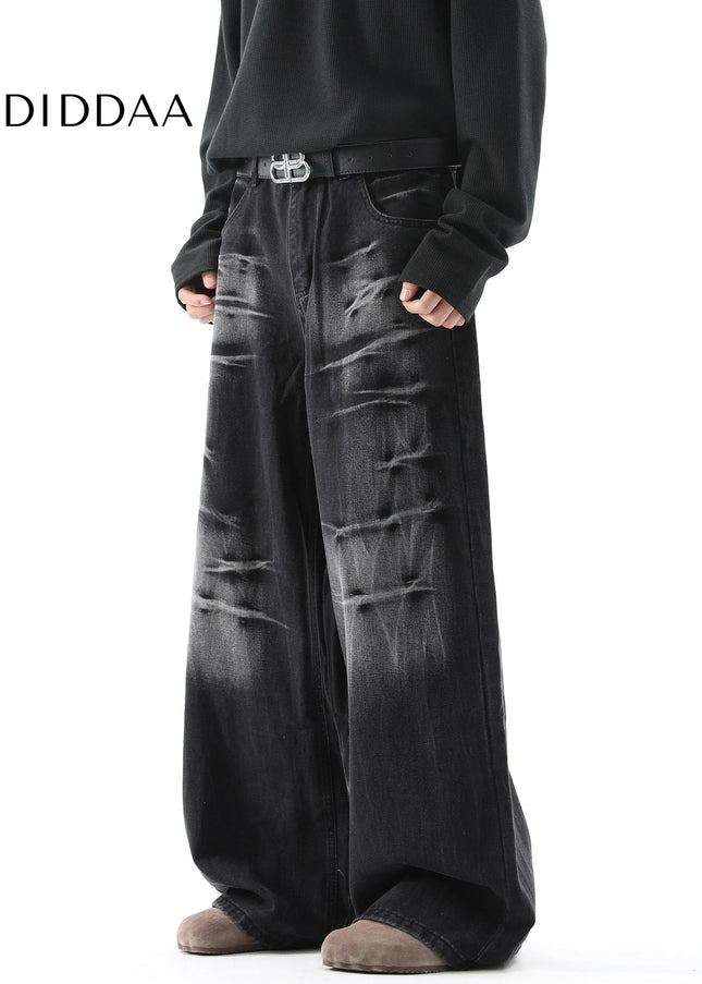 Blue Distressed Lightning Pattern Baggy Jeans - Men’s Jeans