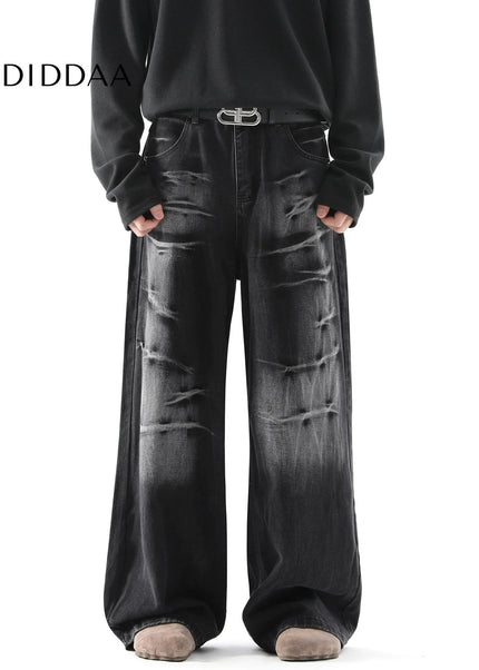 Blue Distressed Lightning Pattern Baggy Jeans - Men’s Jeans