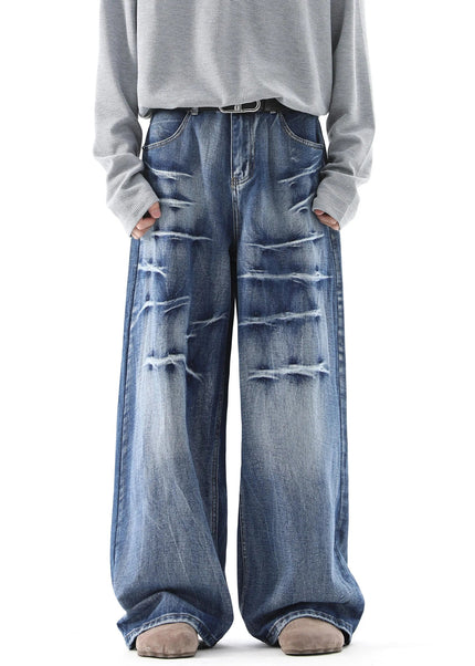 Blue Distressed Lightning Pattern Baggy Jeans - Men’s Jeans