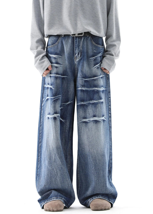 Blue Distressed Lightning Pattern Baggy Jeans - Men’s Jeans