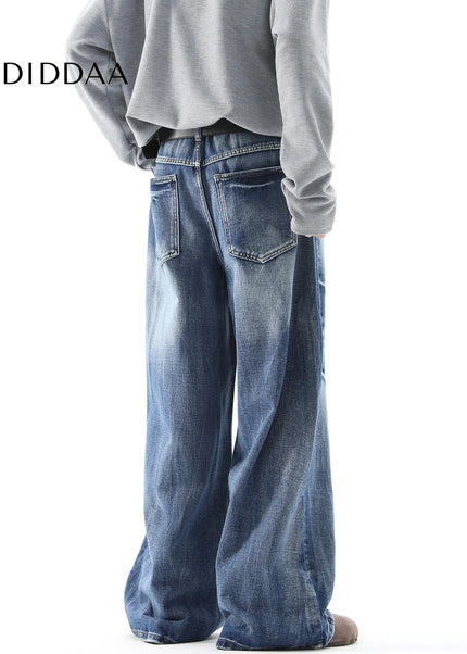 Blue Distressed Lightning Pattern Baggy Jeans - Men’s Jeans