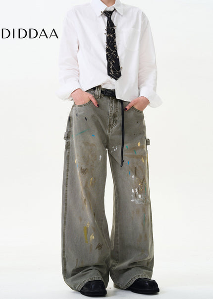 Blue Distressed Loose Fit Splash Ink Jeans - Men’s Jeans