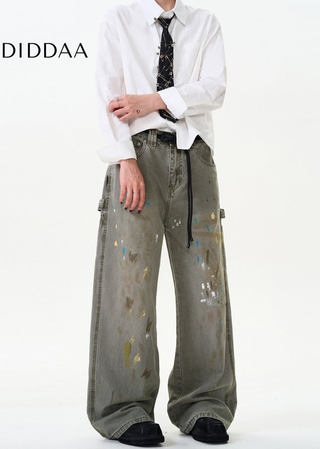 Blue Distressed Loose Fit Splash Ink Jeans - Men’s Jeans