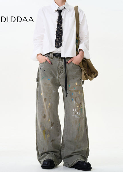 Blue Distressed Loose Fit Splash Ink Jeans - Men’s Jeans