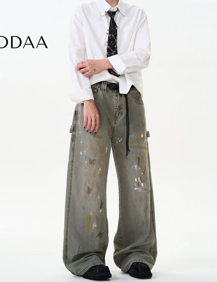 Blue Distressed Loose Fit Splash Ink Jeans - S / Grey - Men’s Jeans