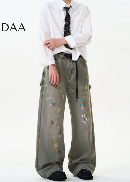 Blue Distressed Loose Fit Splash Ink Jeans - S / Grey - Men’s Jeans