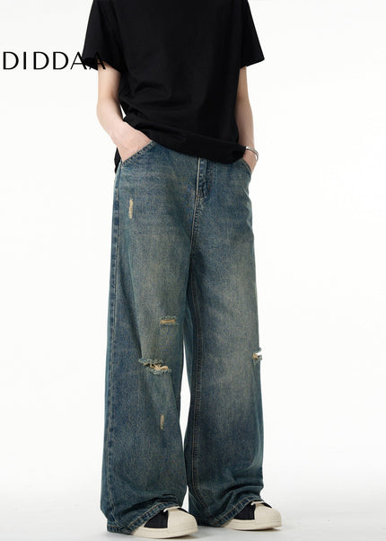 Blue Distressed Loose Fit Straight Jeans for Men - Men’s Jeans