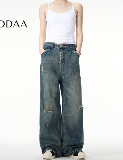 Blue Distressed Loose Fit Straight Jeans for Men - S / Mid Blue - Men’s Jeans