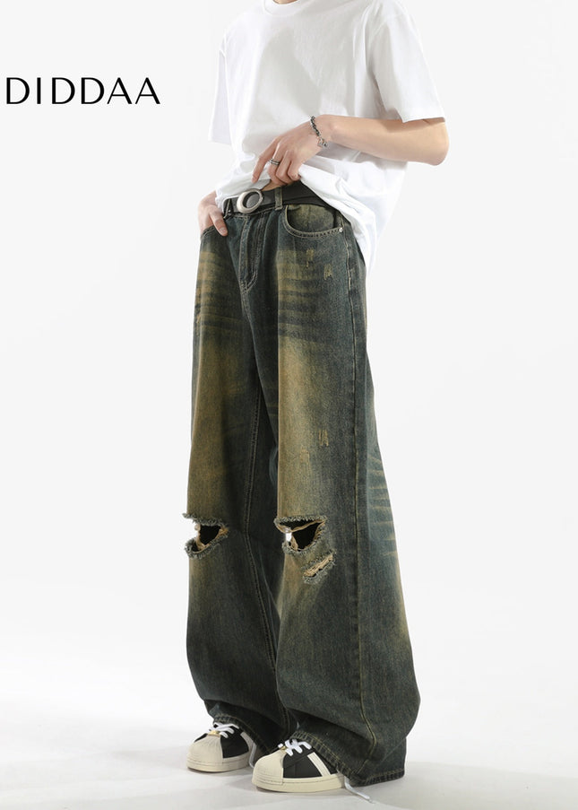 Blue Distressed Loose Fit Straight Jeans - Men’s Jeans