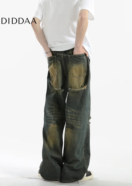 Blue Distressed Loose Fit Straight Jeans - Men’s Jeans