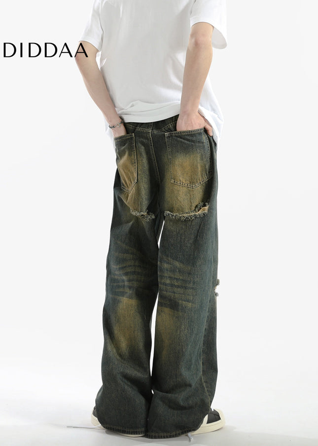 Blue Distressed Loose Fit Straight Jeans - Men’s Jeans