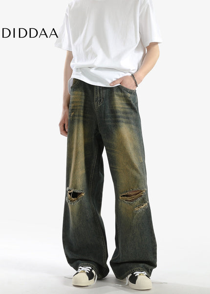 Blue Distressed Loose Fit Straight Jeans - Men’s Jeans