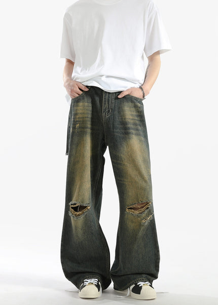 Blue Distressed Loose Fit Straight Jeans - Men’s Jeans