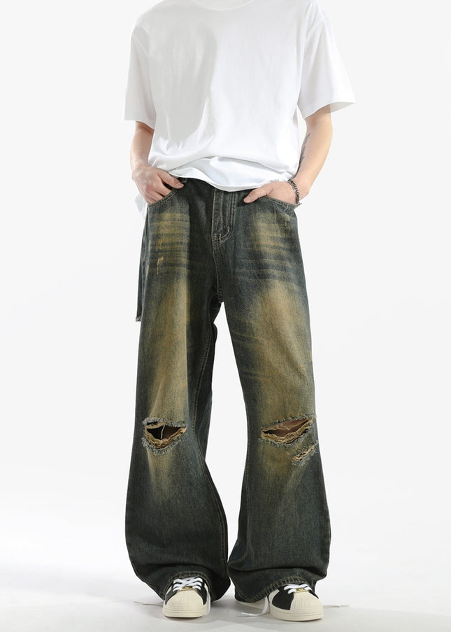 Blue Distressed Loose Fit Straight Jeans - Men’s Jeans