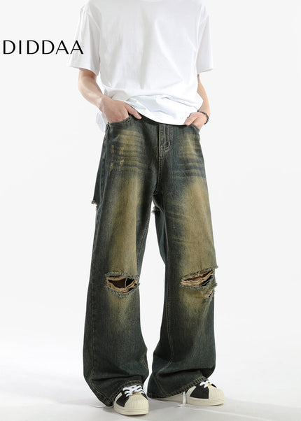 Blue Distressed Loose Fit Straight Jeans - Men’s Jeans