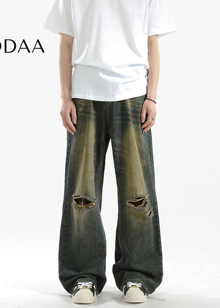 Blue Distressed Loose Fit Straight Jeans - S / Vintage Blue - Men’s Jeans