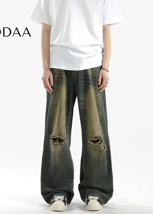 Blue Distressed Loose Fit Straight Jeans - S / Vintage Blue - Men’s Jeans