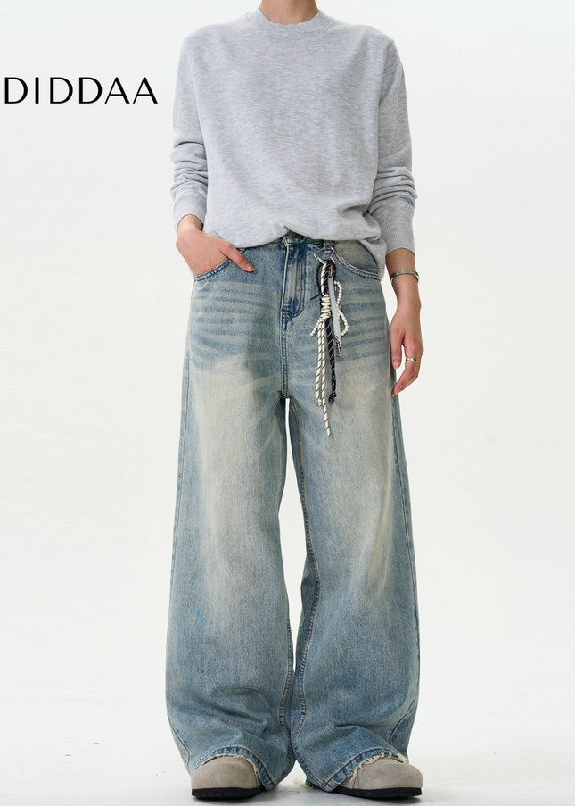 Blue Distressed Loose Fit Straight Leg Jeans - Men’s Jeans