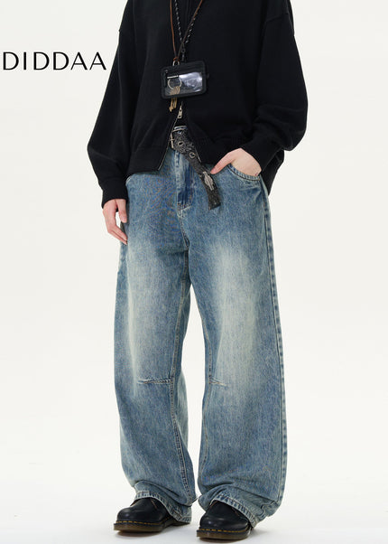 Blue Distressed Loose Fit Straight Leg Jeans - Men’s Jeans