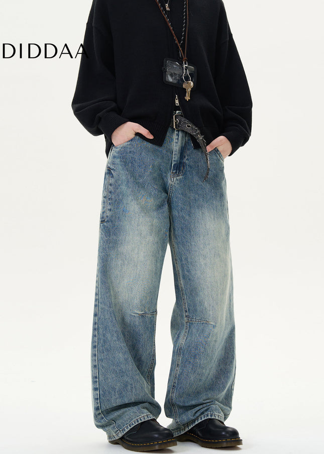 Blue Distressed Loose Fit Straight Leg Jeans - Men’s Jeans