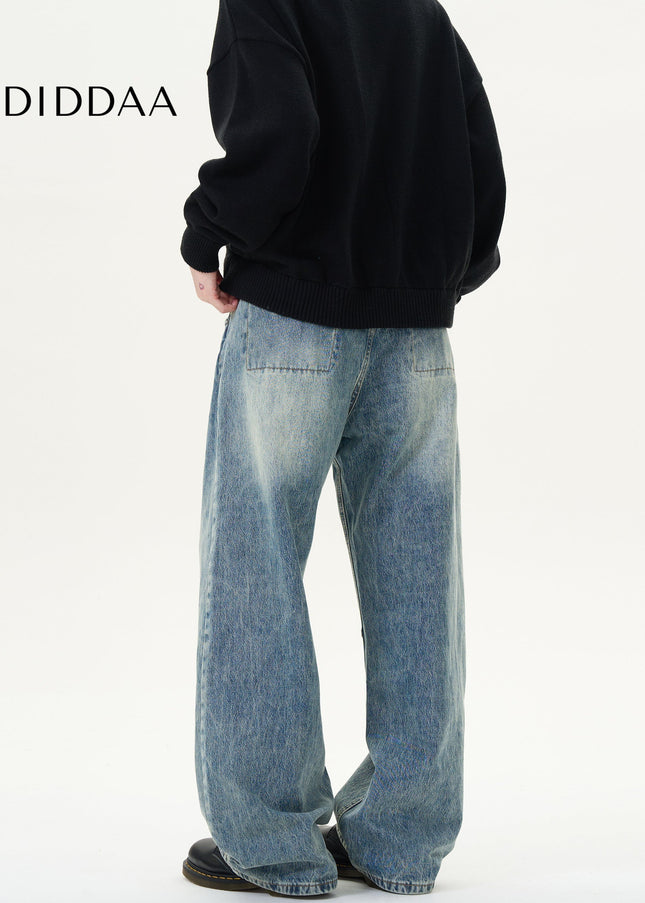 Blue Distressed Loose Fit Straight Leg Jeans - Men’s Jeans