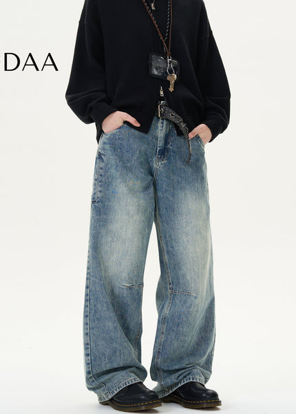 Blue Distressed Loose Fit Straight Leg Jeans - S / Mid Blue - Men’s Jeans