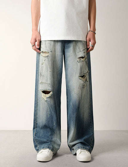 Blue Distressed Loose Fit Wide Leg Jeans - 28 / Mid Blue - Men’s Jeans