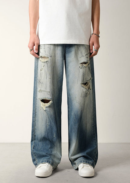 Blue Distressed Loose Fit Wide Leg Jeans - 28 / Mid Blue - Men’s Jeans