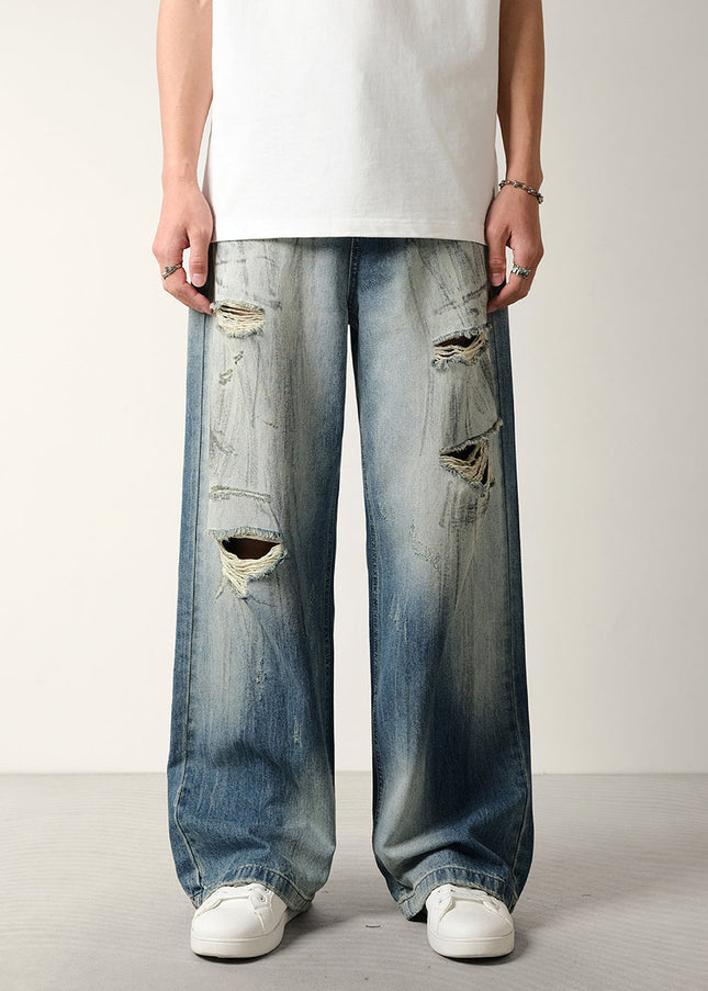 Blue Distressed Loose Fit Wide Leg Jeans - 28 / Mid Blue - Men’s Jeans