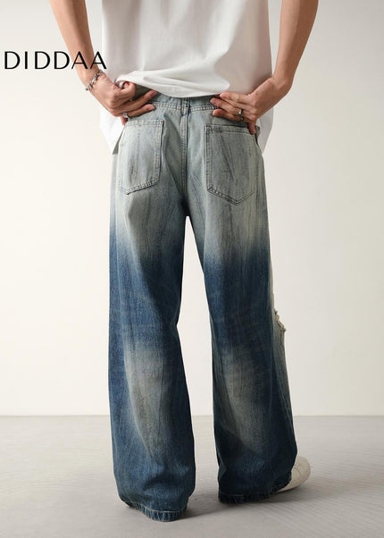 Blue Distressed Loose Fit Wide Leg Jeans - Men’s Jeans