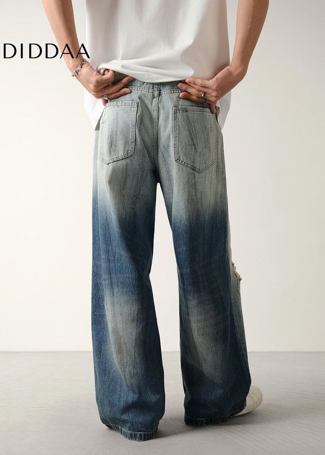 Blue Distressed Loose Fit Wide Leg Jeans - Men’s Jeans