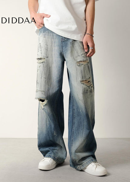 Blue Distressed Loose Fit Wide Leg Jeans - Men’s Jeans