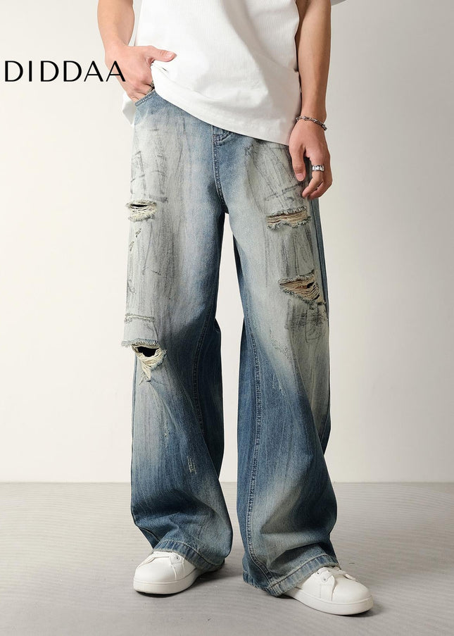 Blue Distressed Loose Fit Wide Leg Jeans - Men’s Jeans