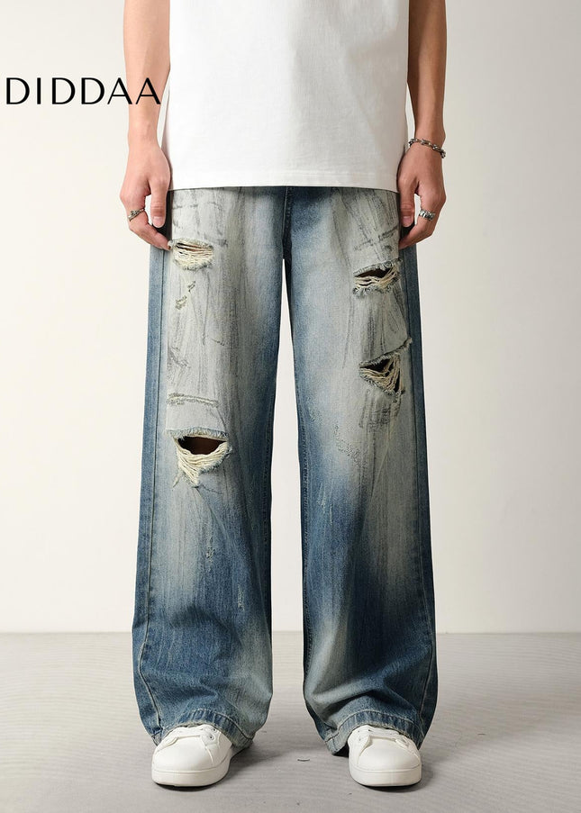 Blue Distressed Loose Fit Wide Leg Jeans - Men’s Jeans