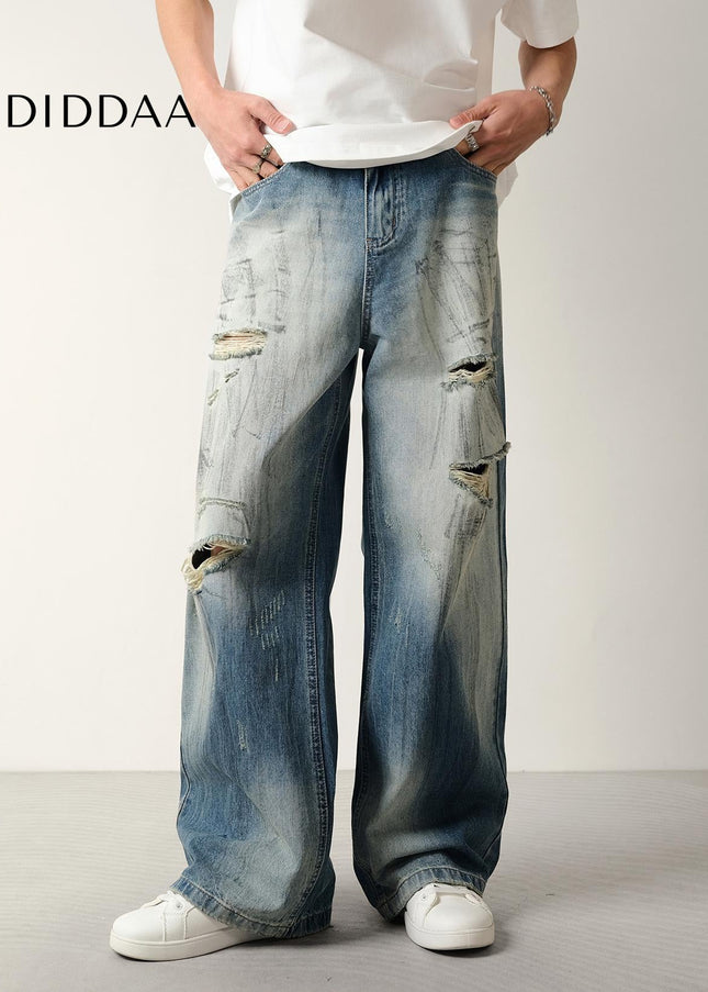 Blue Distressed Loose Fit Wide Leg Jeans - Men’s Jeans