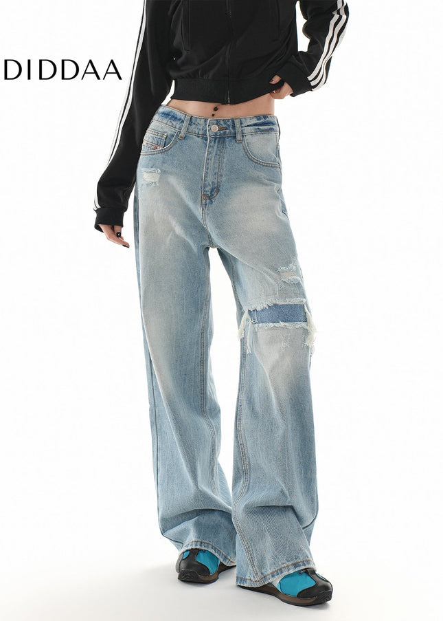 Blue Distressed Loose Slim Straight Leg Jeans - Women’s Jeans