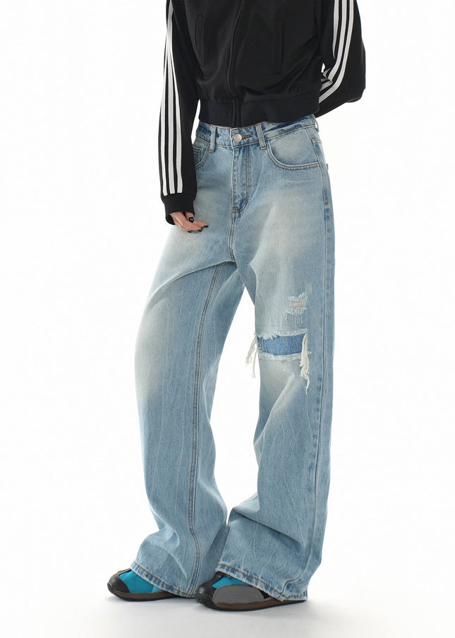 Blue Distressed Loose Slim Straight Leg Jeans - Women’s Jeans