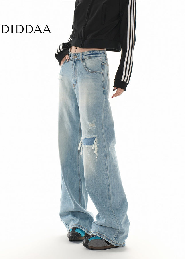 Blue Distressed Loose Slim Straight Leg Jeans - Women’s Jeans
