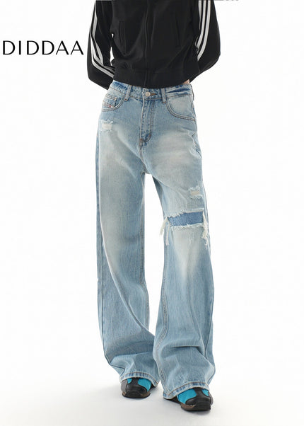 Blue Distressed Loose Slim Straight Leg Jeans - Women’s Jeans