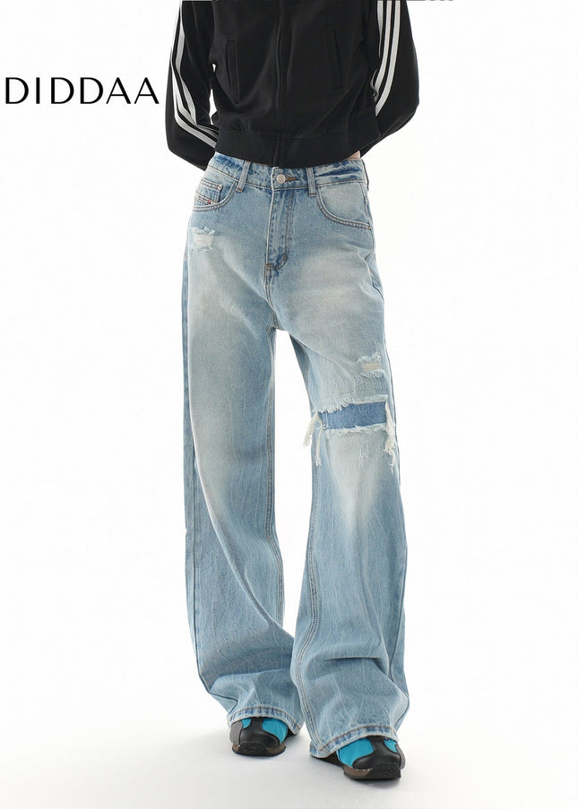 Blue Distressed Loose Slim Straight Leg Jeans - Women’s Jeans