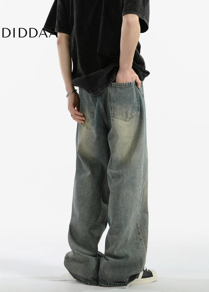Blue Distressed Loose Straight Wide-Leg Casual Jeans - Men’s Jeans