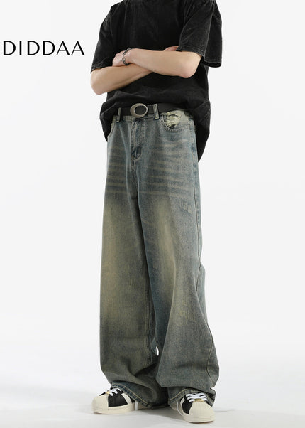 Blue Distressed Loose Straight Wide-Leg Casual Jeans - Men’s Jeans