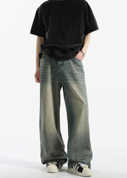 Blue Distressed Loose Straight Wide-Leg Casual Jeans - Men’s Jeans