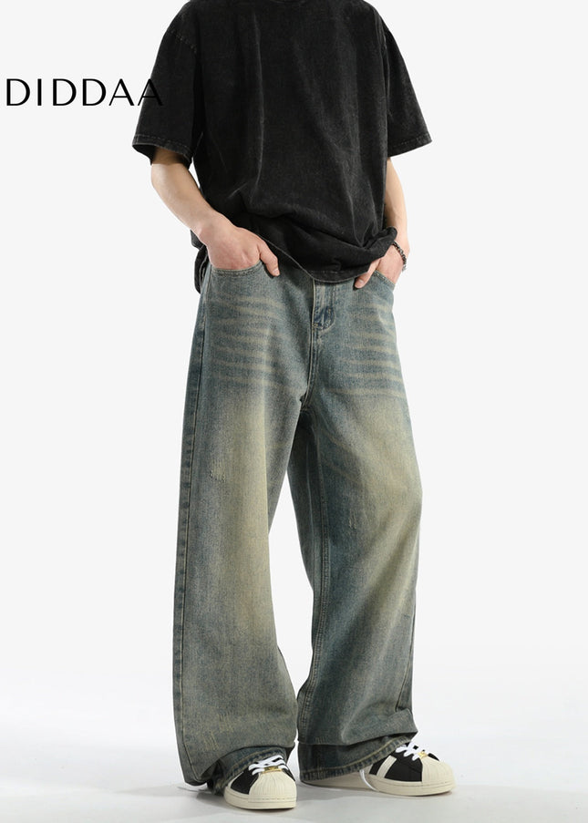 Blue Distressed Loose Straight Wide-Leg Casual Jeans - Men’s Jeans