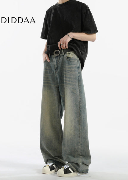 Blue Distressed Loose Straight Wide-Leg Casual Jeans - Men’s Jeans