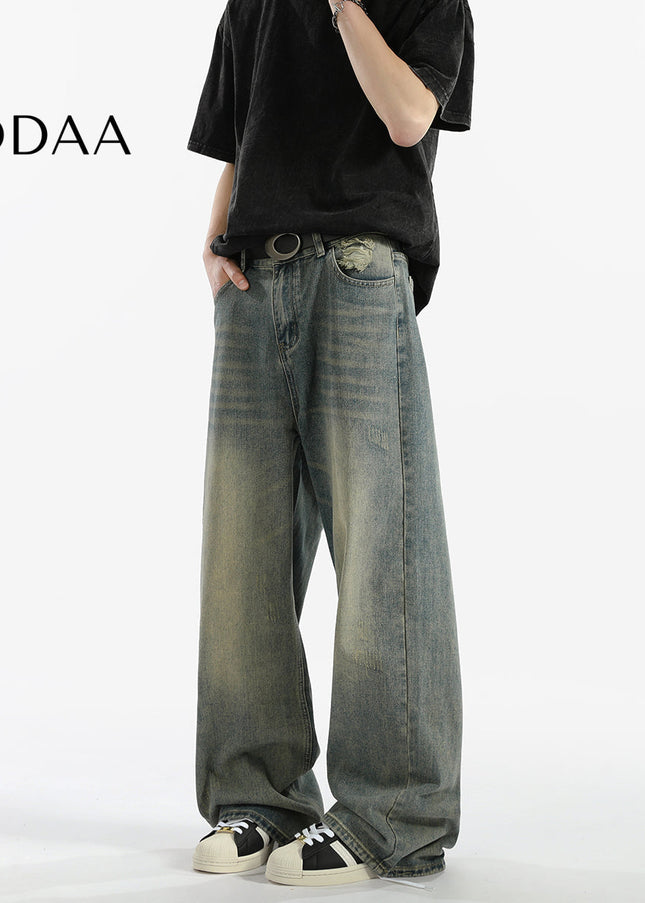 Blue Distressed Loose Straight Wide-Leg Casual Jeans - S / Vintage Blue - Men’s Jeans