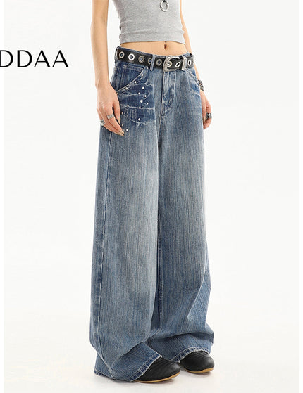 Blue Distressed Loose Straight Wide-Leg Jeans Tide - S / Blue - Women’s Jeans