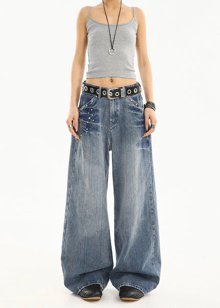 Blue Distressed Loose Straight Wide-Leg Jeans Tide - Women’s Jeans